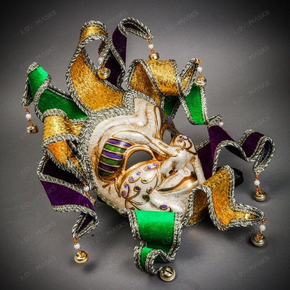 Mardi Gras Luxury Jester Crackle Joker Venetian Masquerade Theater Act Face Mask - Picture 9 of 9